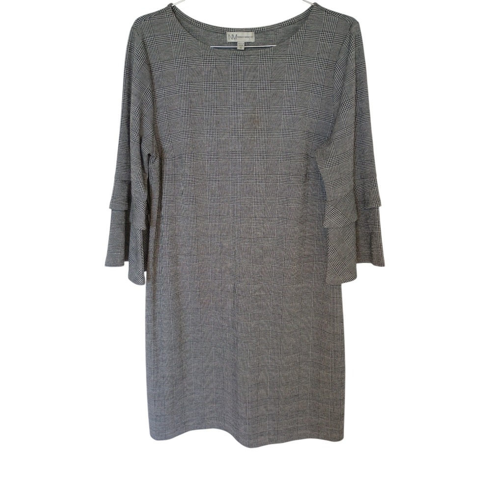 Neiman Marcus Womens Gray Glen Plaid Tiered Bell Sleeve Shift Dress T2569N Sz 12